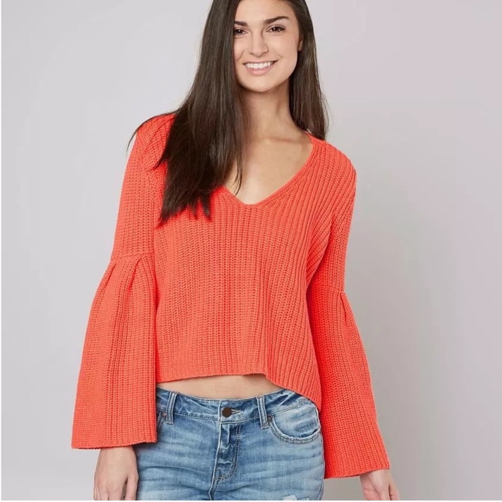 Free People Damsel Bell Sleeve Crop Sweater Women’s XS Coral Orange Chunk Knit
